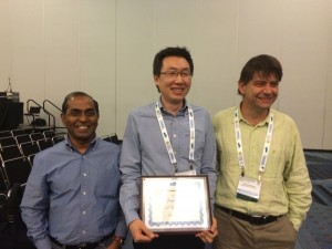 QESST scholar Jaewon Oh holding the Best Student Paper Award at the 40th PVSC Conference with research advisors Stuart Bowden (right) and Govindasamy Tamizhmani (left).